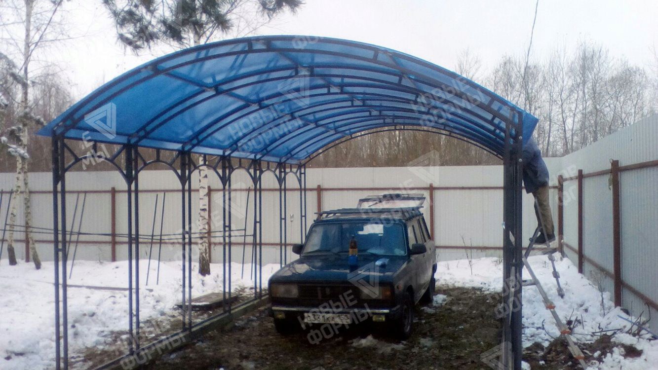 Навес из поликарбоната 6м*3.5м (СПК Синий 4мм). Брусовый фундамент, Грунтозацепы